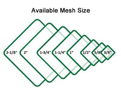 Green chain link fence mesh opening from 2 1/8 to 3/8 in.